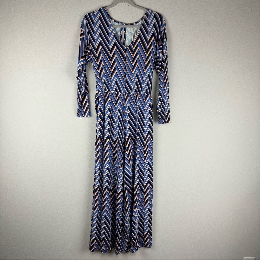 Anthropologie Blue White Breezy Wide Leg Tie Waist Long Sleeve Jumpsuit Size XS